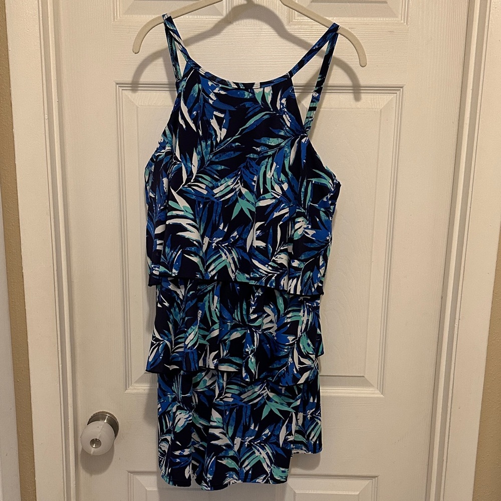 Fit 4 U Blue Tropical Print Tiered Swim Romper Tankini Size 16